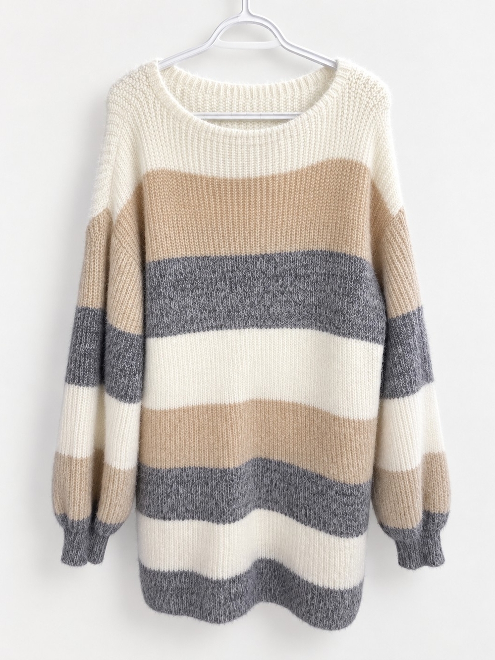 SHEIN Women’s Size L Striped Fuzzy Knit Sweater Dress Beige Grey Cream